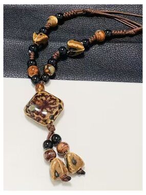 NWT Boho Ceramic Statement Sweater Necklace Vintage Tribal Long Cord Adj Bead